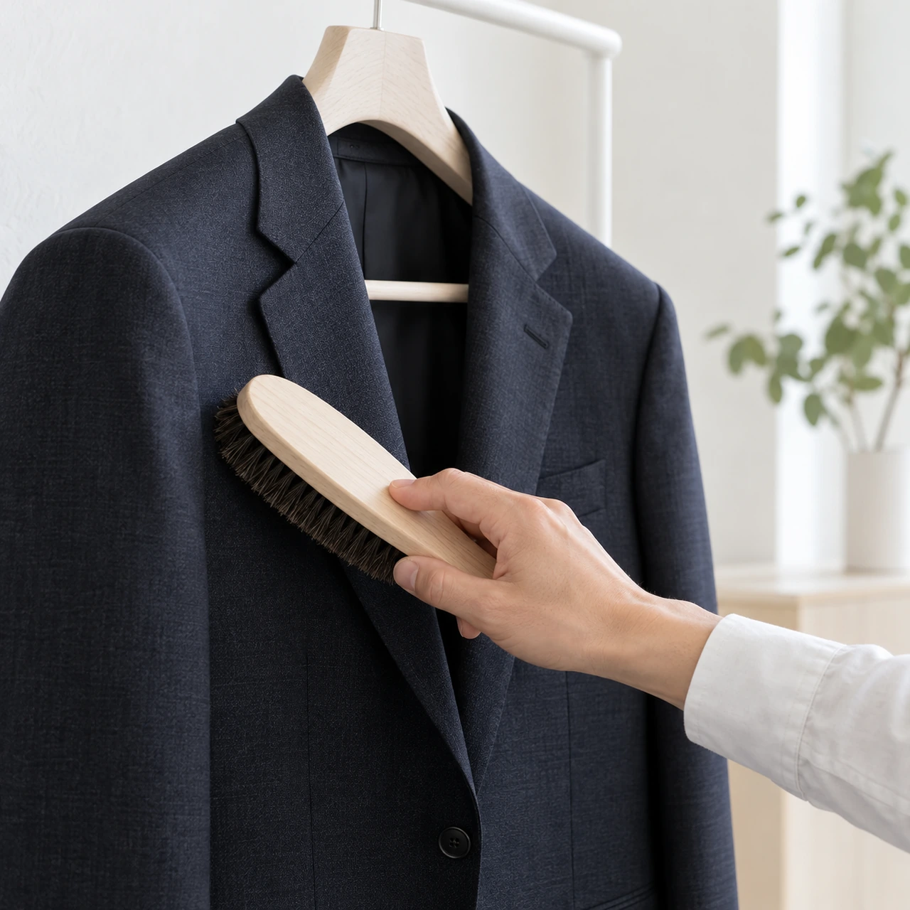 ハンガーに掛けたネイビーのジャケットを、木製の洋服ブラシで上から下へ払っている