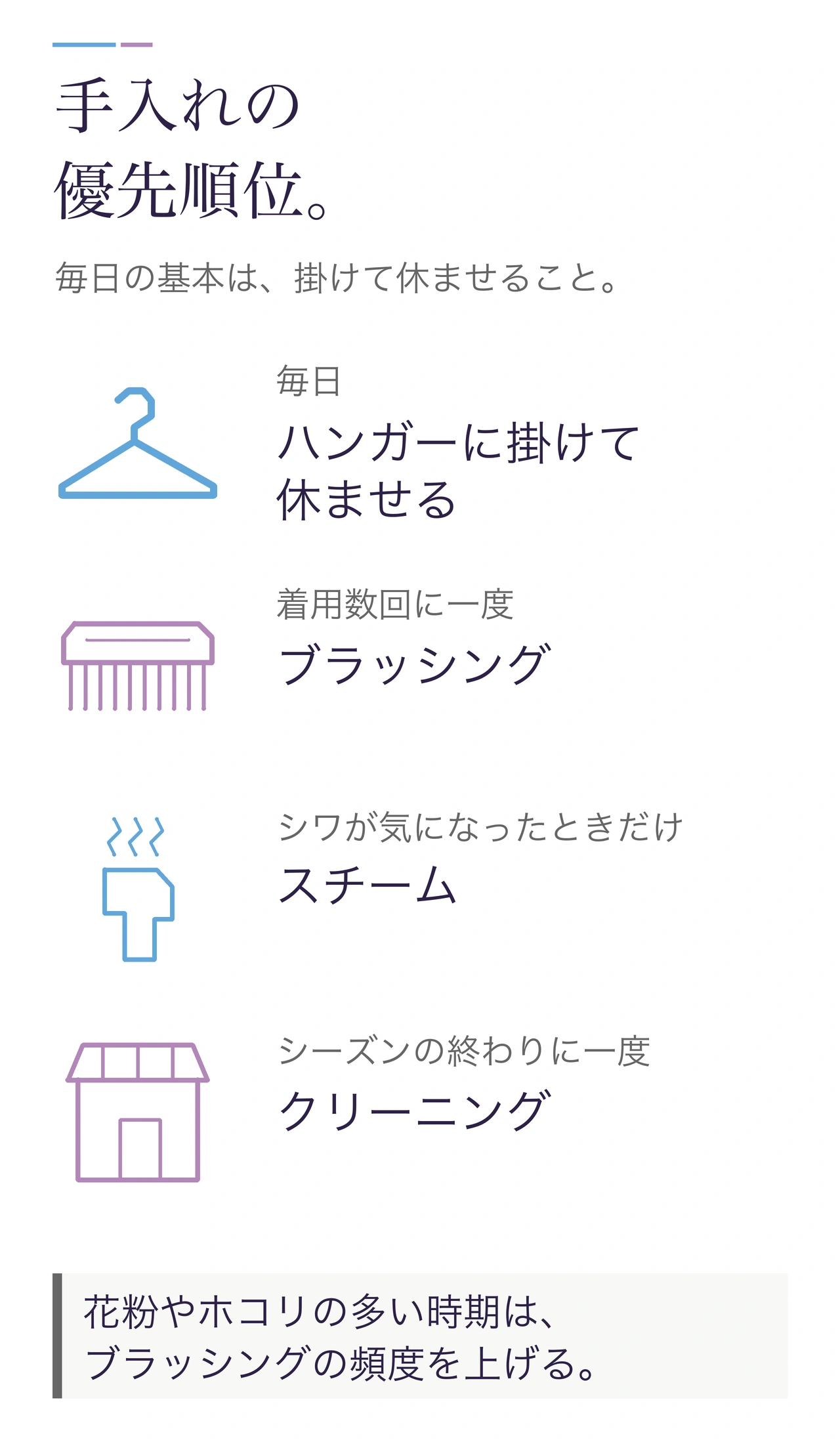 手入れの優先順位。毎日:ハンガーに掛けて休ませる。着用数回に一度:ブラッシング。シワが気になったときだけ:スチーム。シーズンの終わりに一度:クリーニング