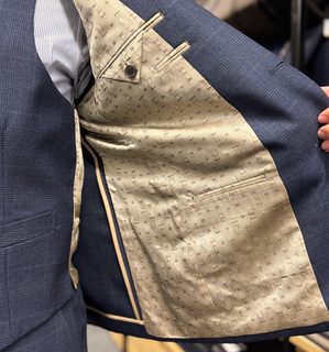 紺系・Wool100％ナチュラルストレッチ素材&チェス柄裏地の画像