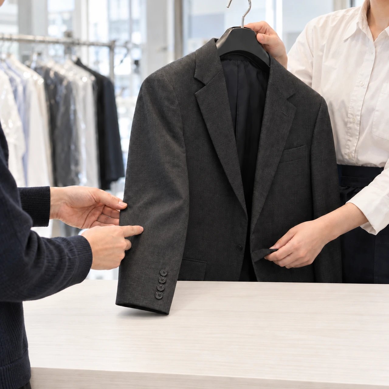 クリーニングの受付でジャケットの袖を一緒に確認する様子