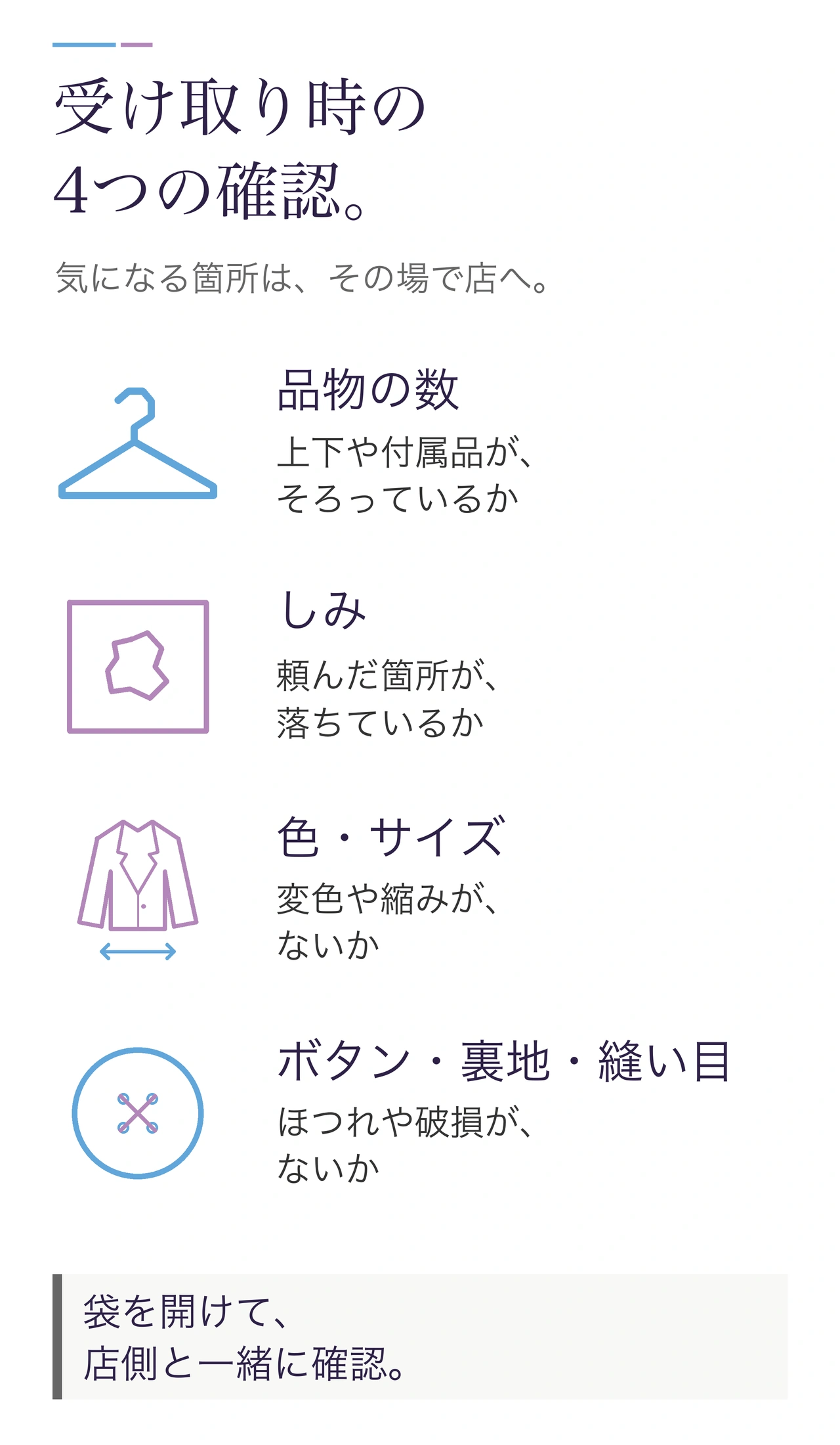 受け取り時に確認する4点。品物の数がそろっているか、頼んだしみが落ちているか、変色や縮みがないか、ボタン・裏地・縫い目にほつれがないか