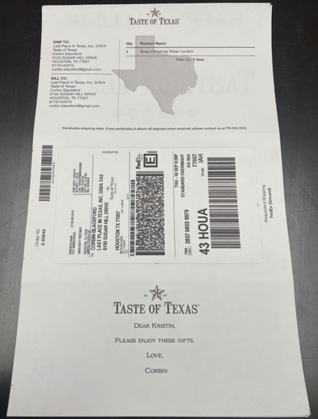 Detail view of custom all-in-one fulfillment sheet for Taste of Texas.