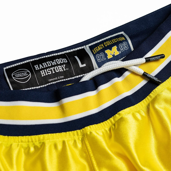 Close-up view of Michigan basketball shorts