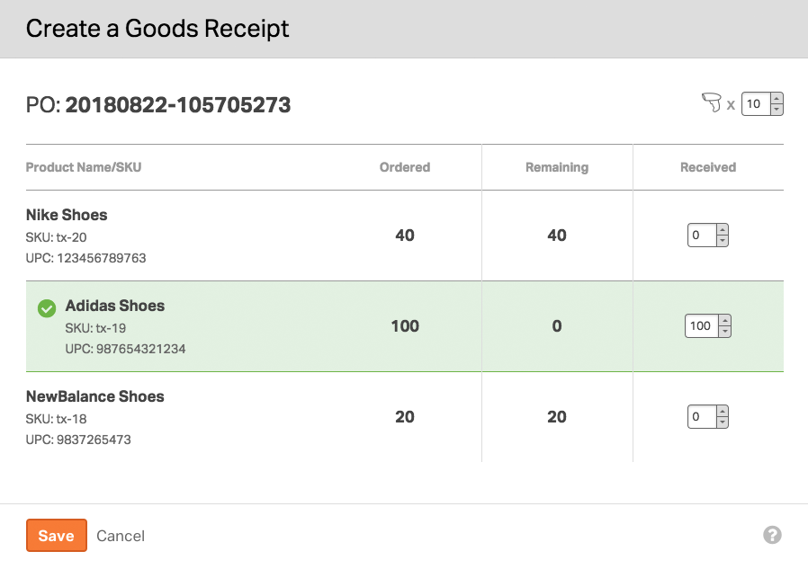 Goods receipt modal