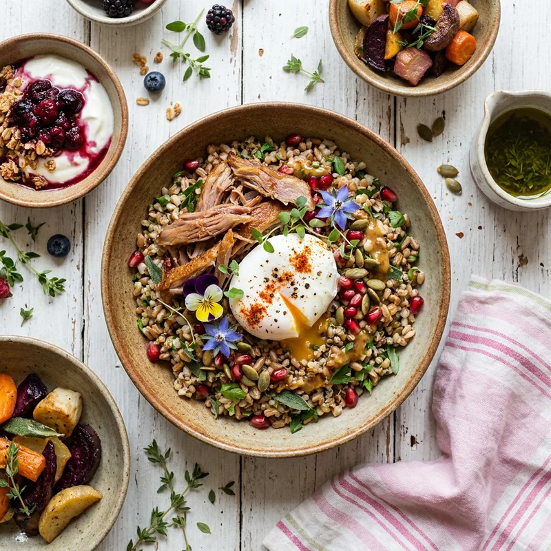 Duck Confit and Herb-Scented Grain Breakfast Bowl