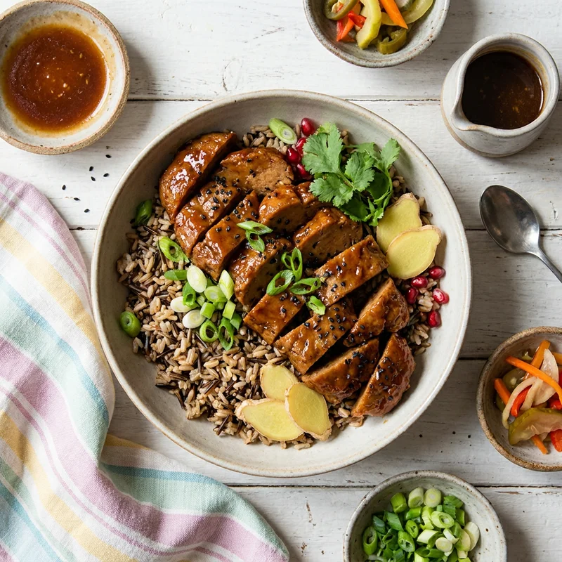 Ginger-Glazed Seitan and Wild Rice Breakfast Bowl