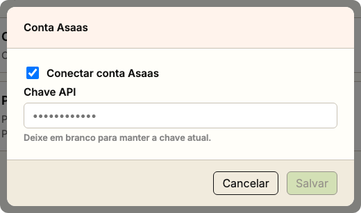 Modal de configuração da conta Asaas
