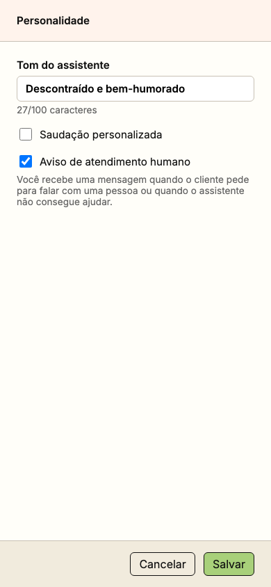 Janela Personalidade com o campo Tom do assistente preenchido