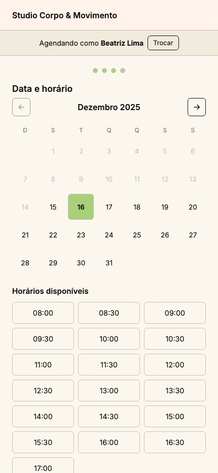 Seleção de data e horário