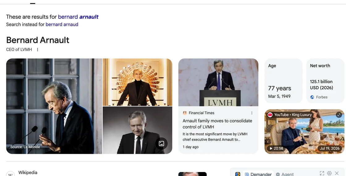 Google search entity module for Bernard Arnault with portraits, age, net worth and current news