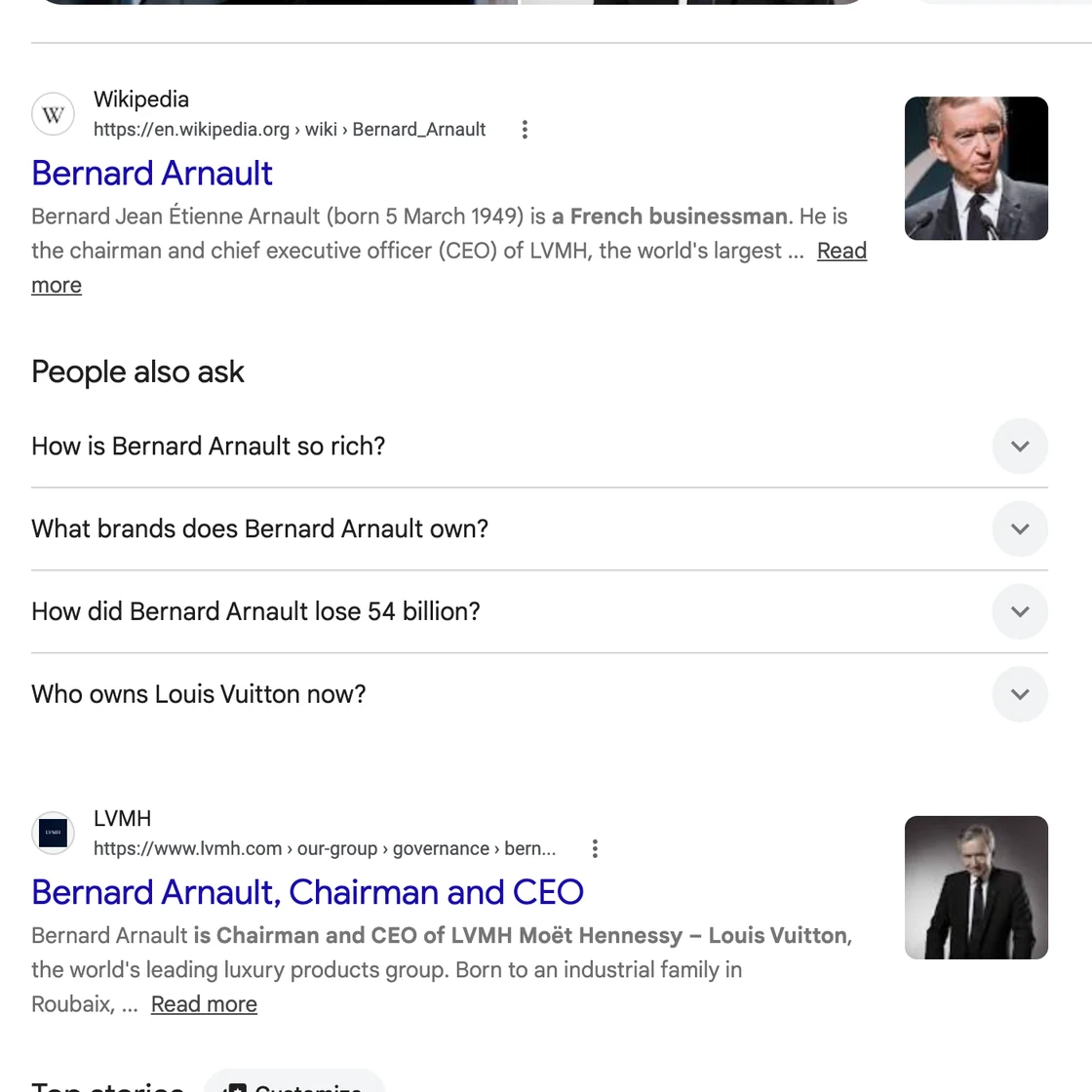 Wikipedia, People Also Ask and LVMH results for Bernard Arnault