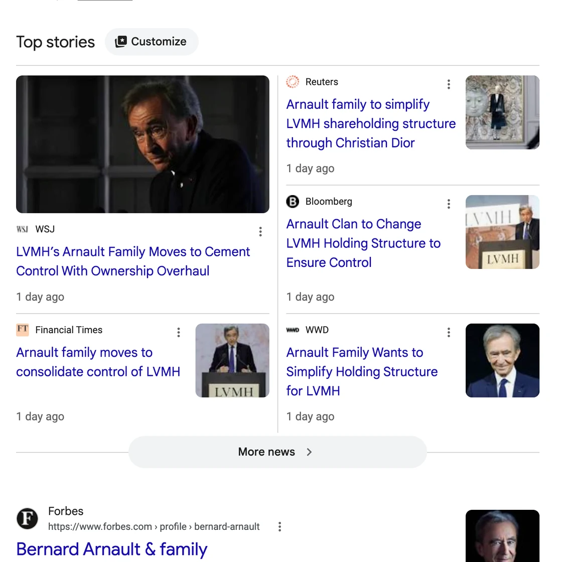 Top Stories about the Arnault family's control and LVMH holding structure
