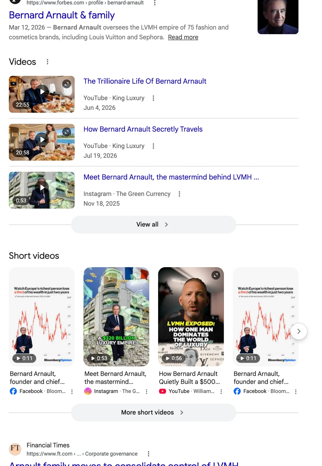 Long-form and short-form video results about Bernard Arnault