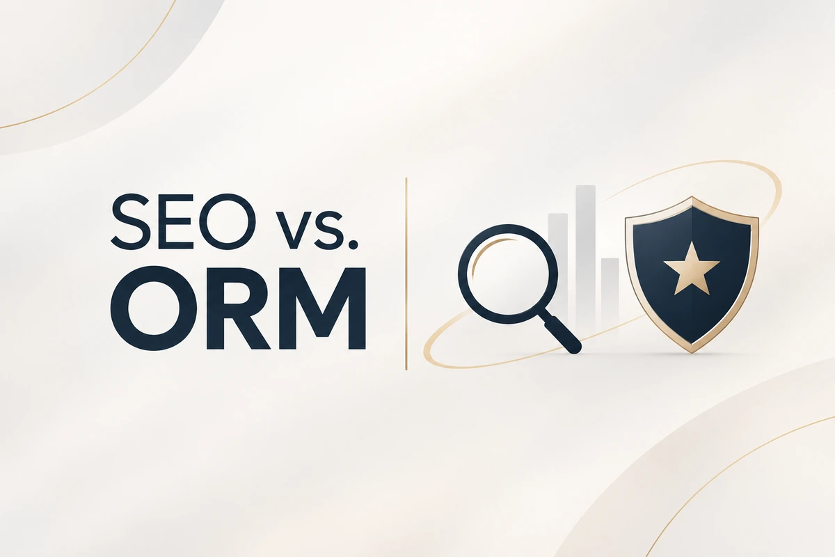 SEO vs ORM thumbnail with search icon and shield illustrating search engine optimization and online reputation management