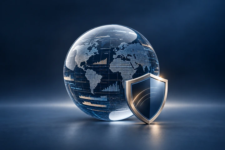 Online reputation management and digital security concept with data globe and protective shield