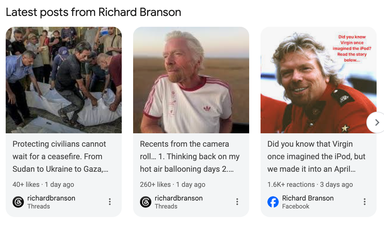 Google displays three Richard Branson posts from Threads and Facebook covering humanitarian concerns, personal moments and Virgin.