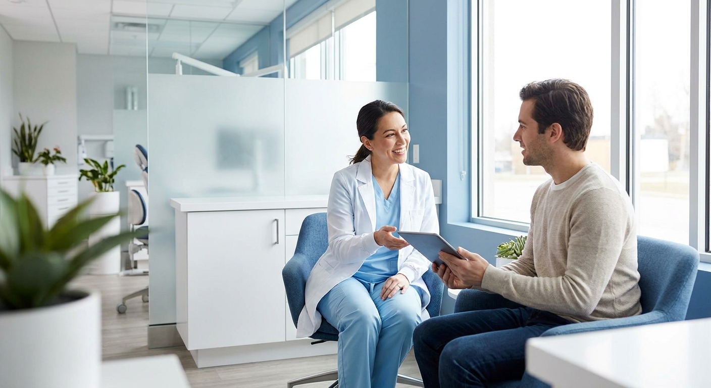 An orthodontist warmly consulting a smiling patient in a bright modern clinic