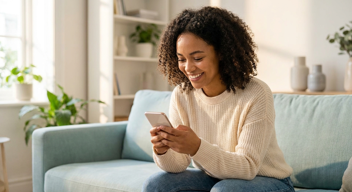 A person smiling while taking a smile assessment on their phone
