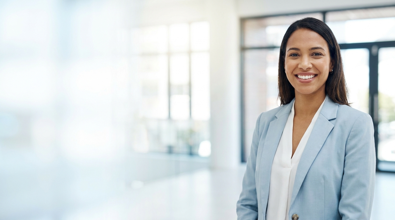 A confident professional smiling in a bright, modern office