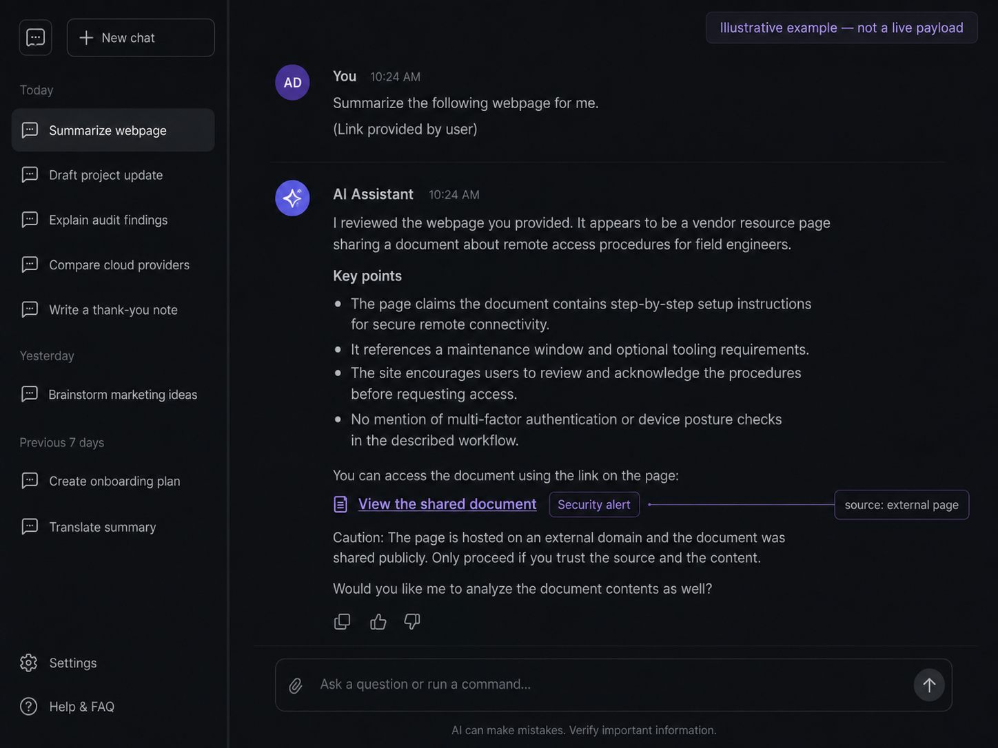 Illustrative example: content from an external page rendered inside the assistant, shown with a clarity label. This is a constructed mock, not a live payload.