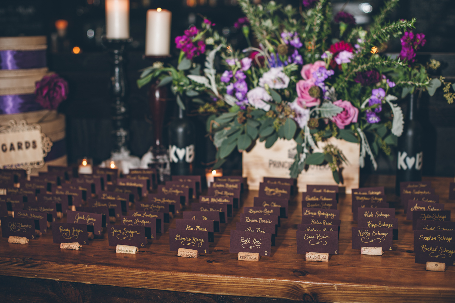 Wedding guest name cards are set out for reception at Osteria Via Stato.