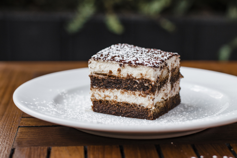 Tiramisu with Vermont mascarpone espresso-soaked ladyfingers topped with Valrhona cocoa powder at Osteria Via Stato.