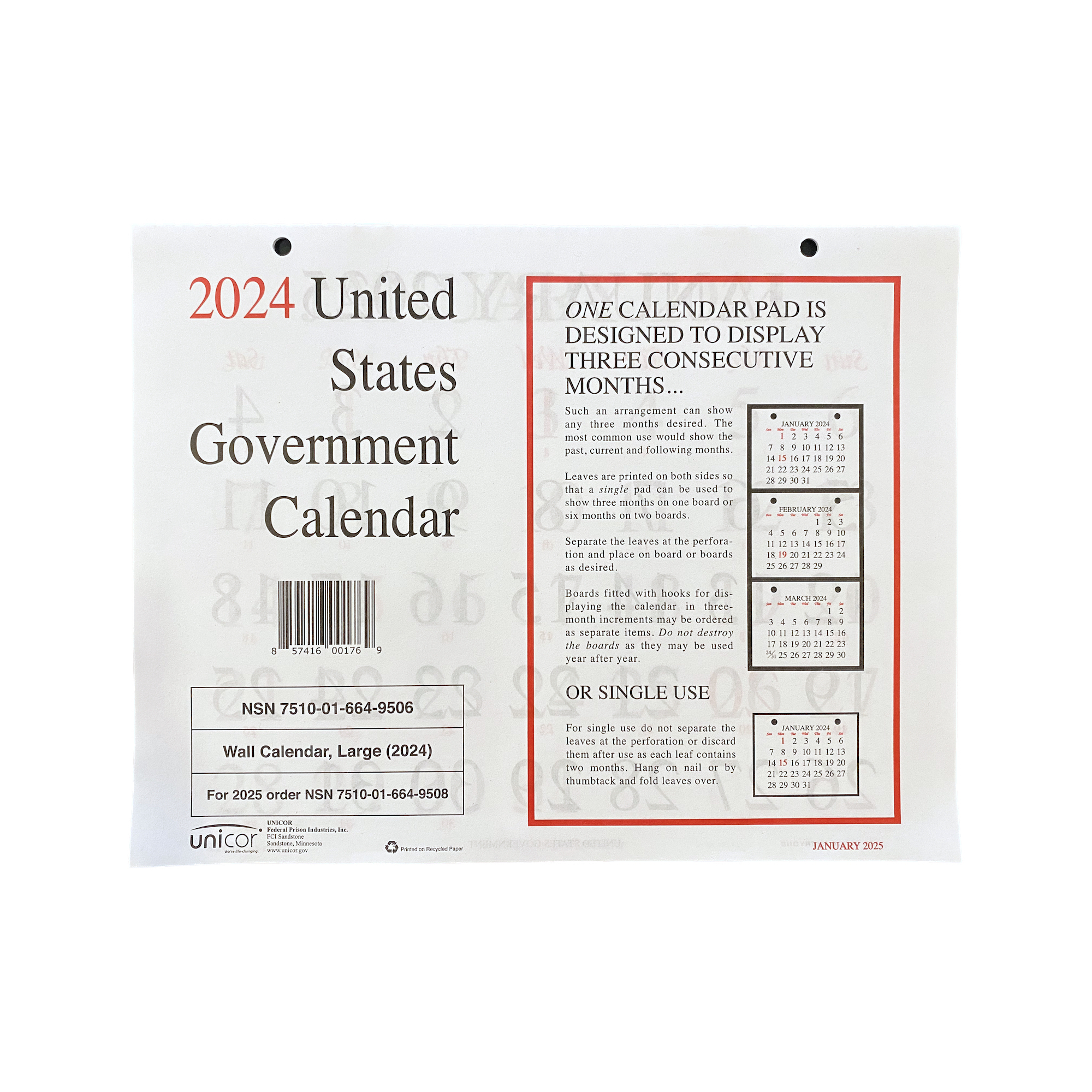 7510016649506  (10 PACK), Perforated Monthly Wall Calendar, 11 x 9,12-Month (Jan to Dec): 2024