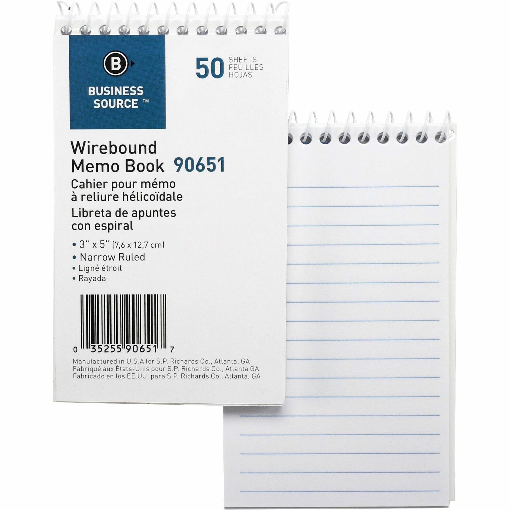 Business Source Wirebound Memo Books - 50 Sheet(s) - Wire Bound - 5 Business Source Wirebound Memo Books - 50 Sheet(s) - Wire Bound - 5
