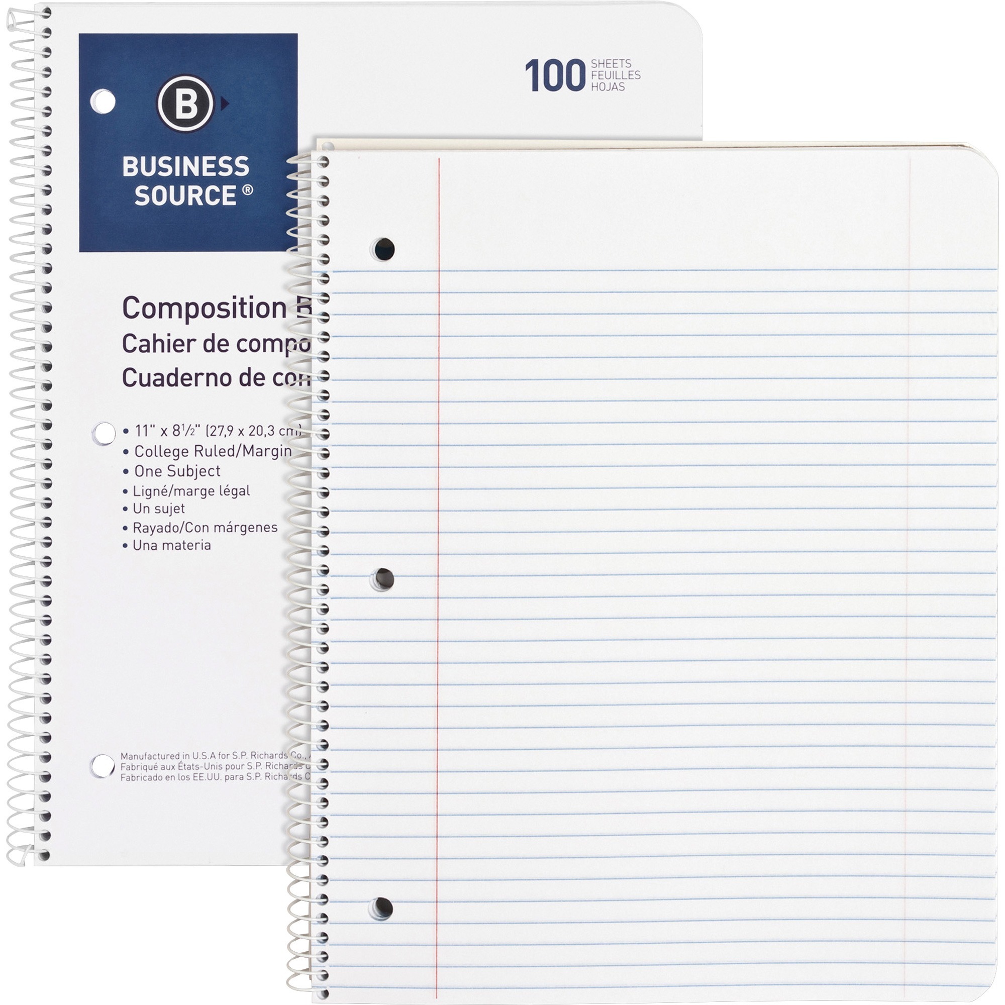 Business Source Wirebound College Ruled Notebooks - Letter - 100 Sheets - Wire Bound - 16 lb Basis Weight - Letter - 8 1/2 Business Source Wirebound College Ruled Notebooks - Letter - 100 Sheets - Wire Bound - 16 lb Basis Weight - Letter - 8 1/2