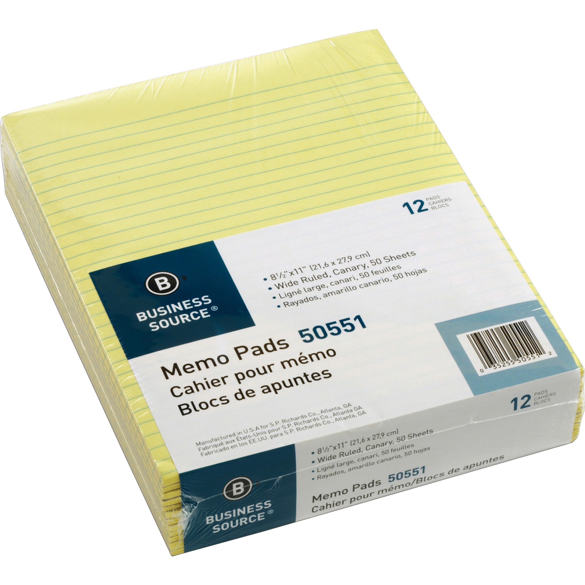 Business Source Glued Top Ruled Memo Pads - Letter - 50 Sheets - Glue - 16 lb Basis Weight - Letter - 8 1/2 Business Source Glued Top Ruled Memo Pads - Letter - 50 Sheets - Glue - 16 lb Basis Weight - Letter - 8 1/2