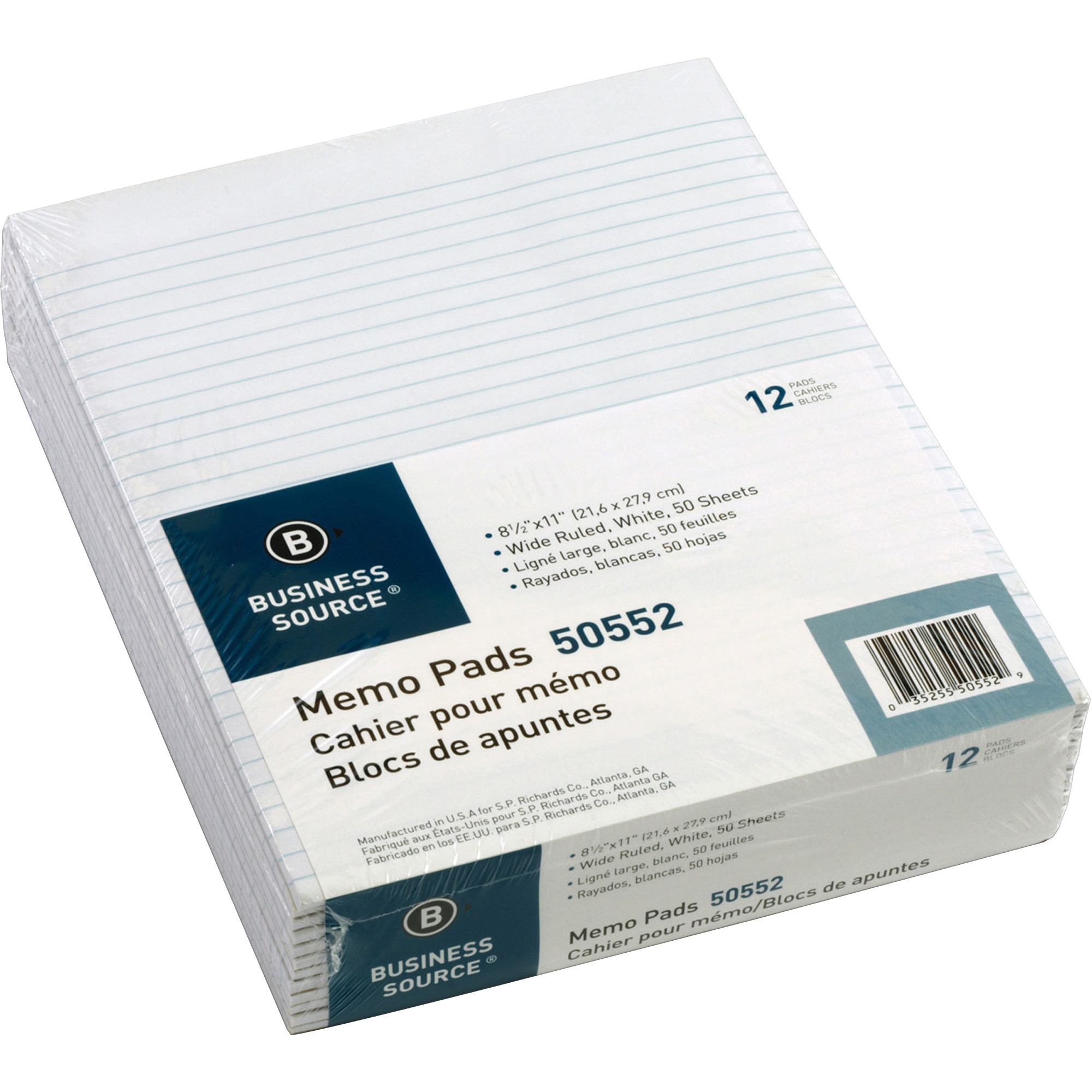 Business Source Glued Top Ruled Memo Pads - Letter - 50 Sheets - Glue - 16 lb Basis Weight - Letter - 8 1/2 Business Source Glued Top Ruled Memo Pads - Letter - 50 Sheets - Glue - 16 lb Basis Weight - Letter - 8 1/2