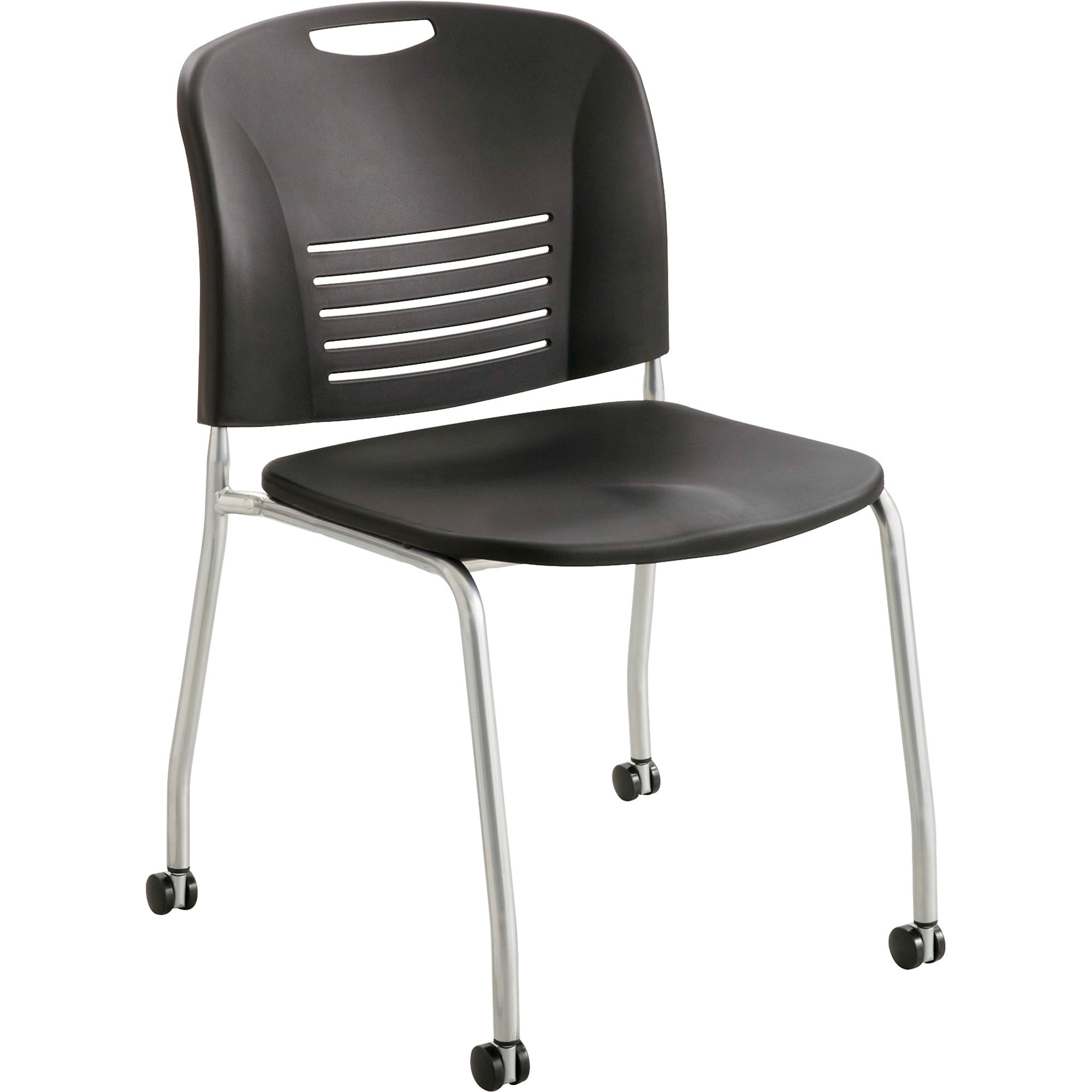 Safco Vy Straight Leg Stack Chairs with Casters - Plastic Seat - Plastic Back - Powder Coated Steel Frame - Four-legged Base - Black - Polypropylene - 2 / Carton Safco Vy Straight Leg Stack Chairs with Casters - Plastic Seat - Plastic Back - Powder Coated Steel Frame - Four-legged Base - Black - Polypropylene - 2 / Carton