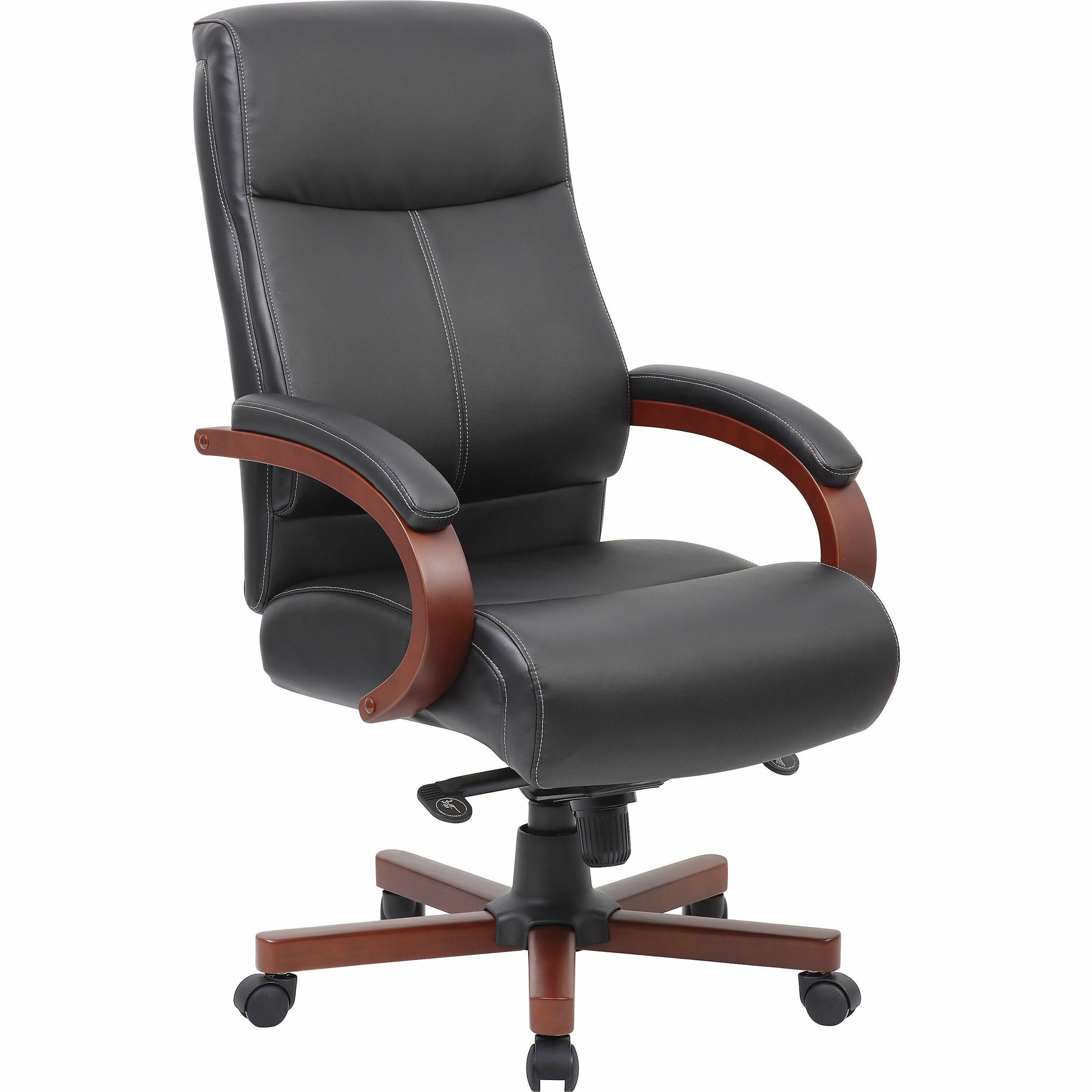 Lorell Executive High-Back Wood Finish Office Chair - Black Bonded Leather Seat - Black Bonded Leather Back - High Back - Black, Mahogany - 1 Each Lorell Executive High-Back Wood Finish Office Chair - Black Bonded Leather Seat - Black Bonded Leather Back - High Back - Black, Mahogany - 1 Each