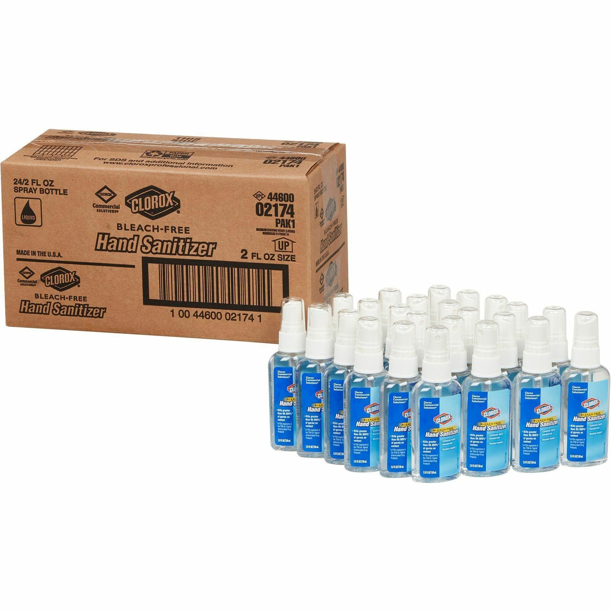 Clorox Commercial Solutions Hand Sanitizer Spray - 2 fl oz (59.1 mL) - Spray Bottle Dispenser - Kill Germs - Hand - Moisturizing - Clear - Non-sticky, Non-greasy, Bleach-free - 24 / Carton Clorox Commercial Solutions Hand Sanitizer Spray - 2 fl oz (59.1 mL) - Spray Bottle Dispenser - Kill Germs - Hand - Moisturizing - Clear - Non-sticky, Non-greasy, Bleach-free - 24 / Carton