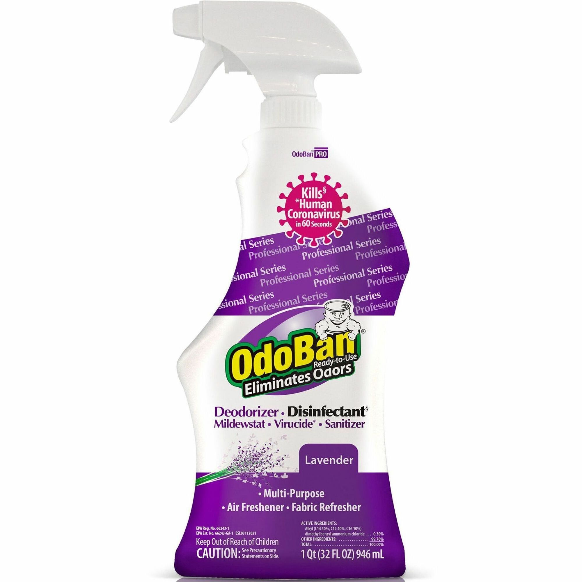 OdoBan Lavender Deodorizer Disinfectant Spray - Ready-To-Use - 32 fl oz (1 quart) - Lavender Scent - 12 / Carton - Deodorize, Disinfectant, Residue-free - Purple OdoBan Lavender Deodorizer Disinfectant Spray - Ready-To-Use - 32 fl oz (1 quart) - Lavender Scent - 12 / Carton - Deodorize, Disinfectant, Residue-free - Purple