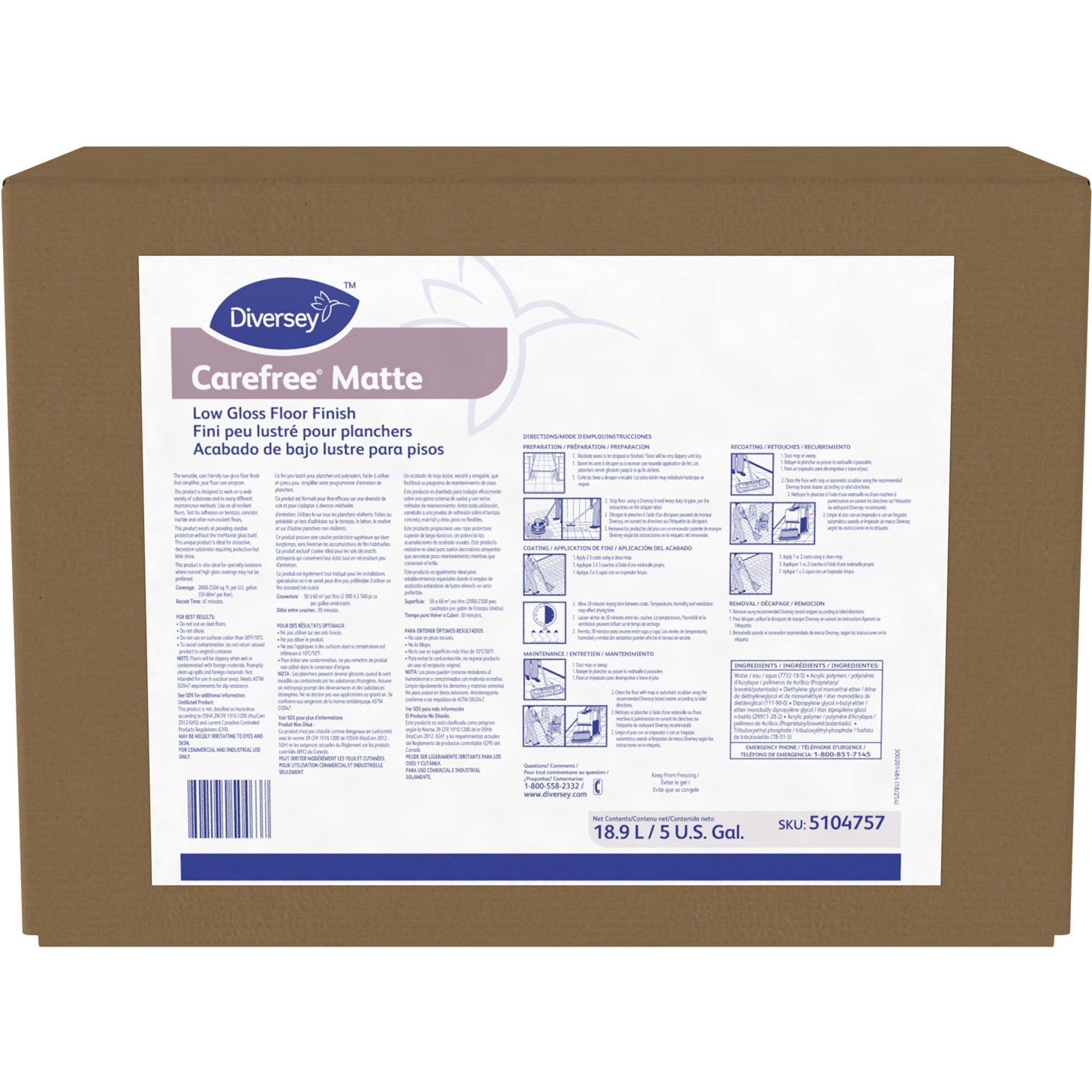Diversey Carefree Matte Gloss Floor Finish - Ready-To-Use - 640 fl oz (20 quart) - Ammonia Scent - 1 Each - Slip Resistant - White Diversey Carefree Matte Gloss Floor Finish - Ready-To-Use - 640 fl oz (20 quart) - Ammonia Scent - 1 Each - Slip Resistant - White