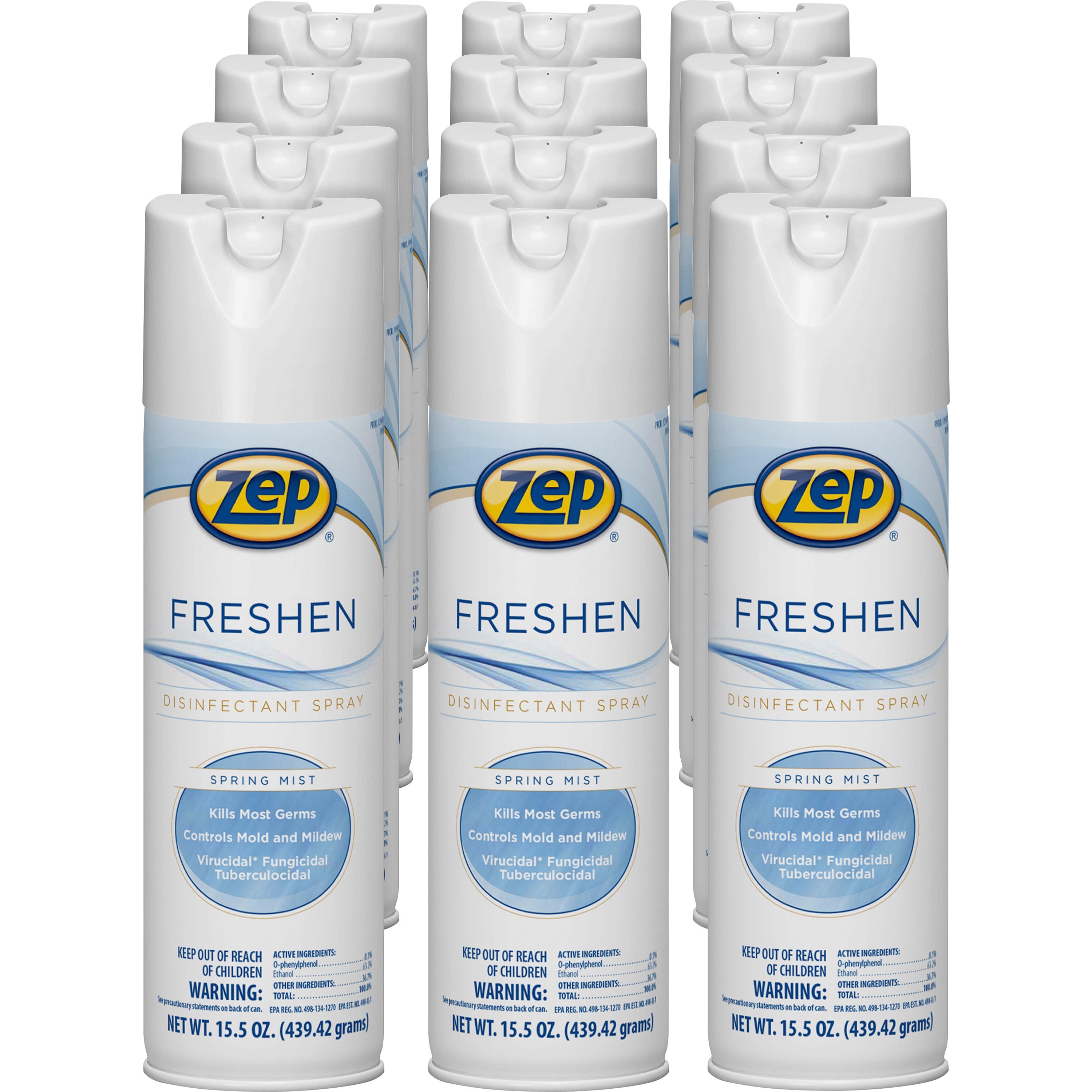 Zep Freshen Disinfectant Spray - 15.5 fl oz (0.5 quart) - Spring Mist Scent - 12 / Carton - Non-porous, Virucidal, Tuberculocide, Fungicide - Clear Zep Freshen Disinfectant Spray - 15.5 fl oz (0.5 quart) - Spring Mist Scent - 12 / Carton - Non-porous, Virucidal, Tuberculocide, Fungicide - Clear