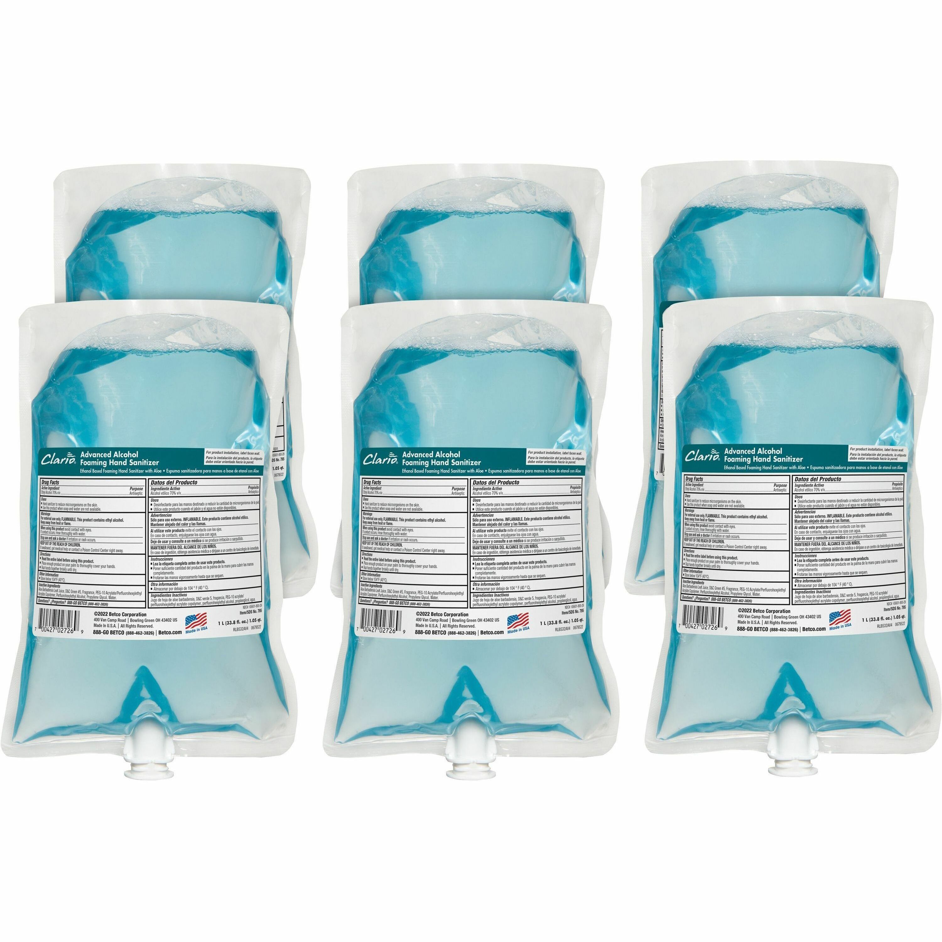 Betco Advanced Hand Sanitizer Foam Refill - Citrus Scent - 33.8 fl oz (1000 mL) - Kill Germs - Hand - Moisturizing - Light Blue - Residue-free, Anti-irritant, Non-drying, Non-sticky - 6 / Carton Betco Advanced Hand Sanitizer Foam Refill - Citrus Scent - 33.8 fl oz (1000 mL) - Kill Germs - Hand - Moisturizing - Light Blue - Residue-free, Anti-irritant, Non-drying, Non-sticky - 6 / Carton