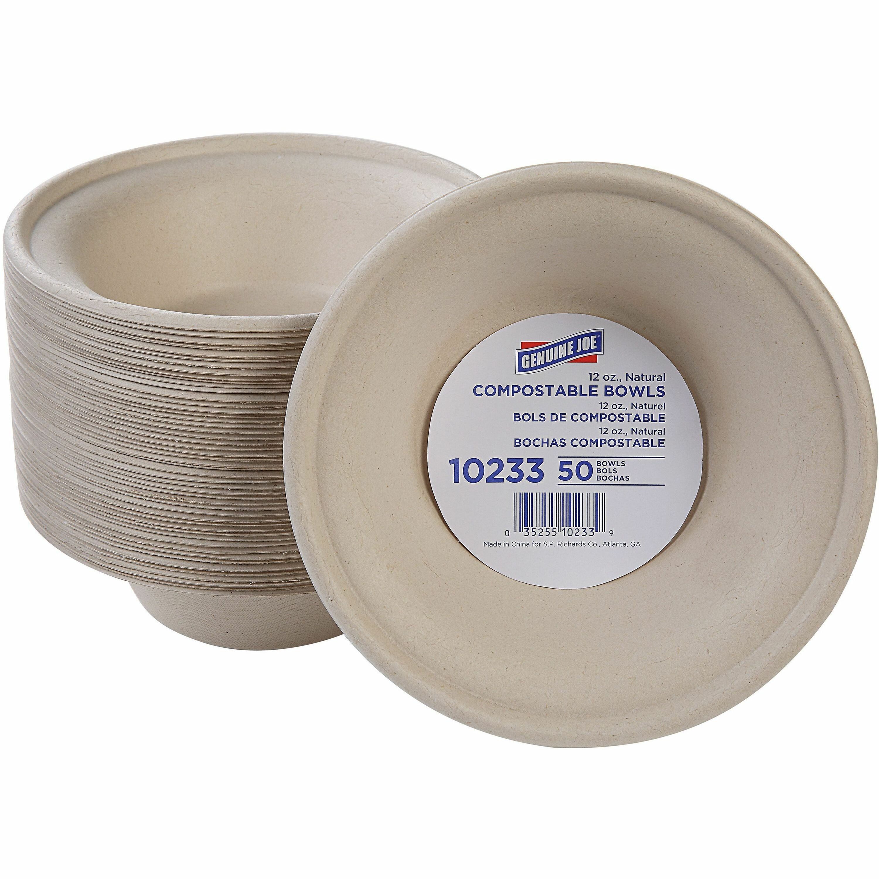 Genuine Joe 12 oz Compostable Bowls - Breakroom, Office - Disposable - White, Natural - Sugarcane Body - 50 / Pack Genuine Joe 12 oz Compostable Bowls - Breakroom, Office - Disposable - White, Natural - Sugarcane Body - 50 / Pack