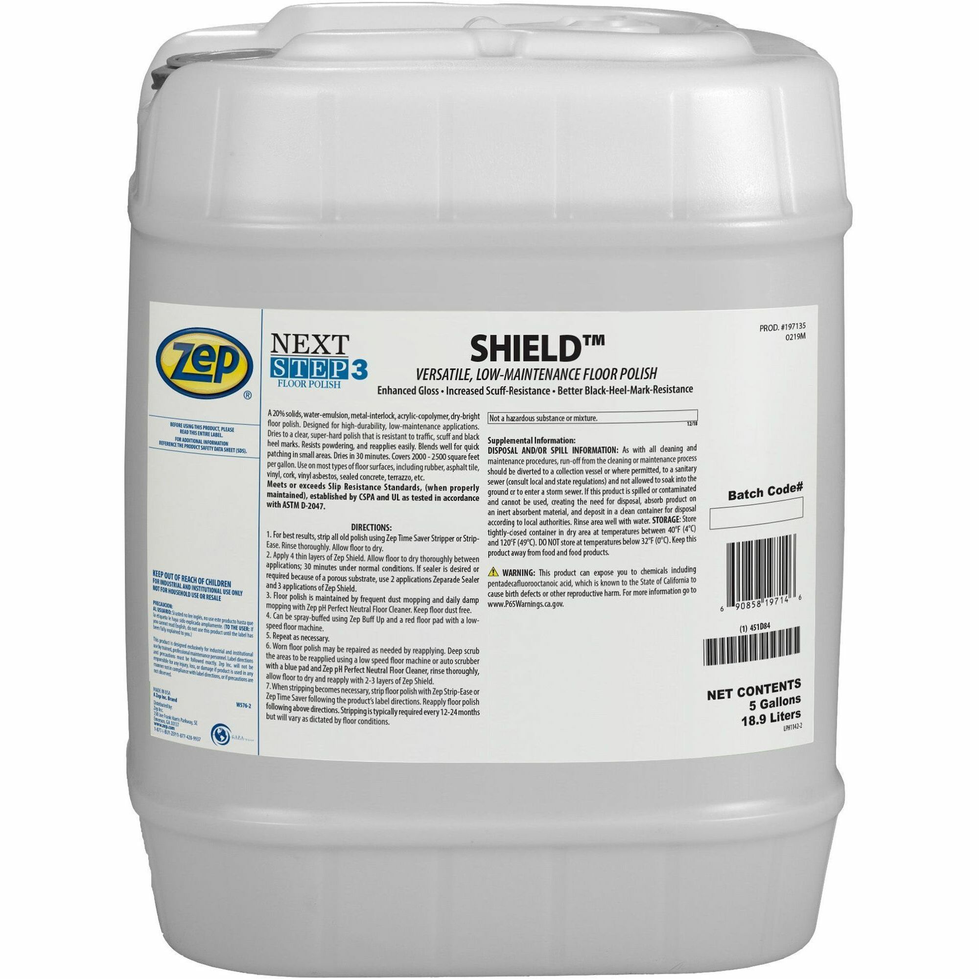 Zep Commercial SHIELD Floor Polish - For Floor, Multipurpose - 640 fl oz (20 quart) - 1 Each - Water Based, Durable, Scuff Resistant, Black Mark Resistant, Slip Resistant - Milky White Zep Commercial SHIELD Floor Polish - For Floor, Multipurpose - 640 fl oz (20 quart) - 1 Each - Water Based, Durable, Scuff Resistant, Black Mark Resistant, Slip Resistant - Milky White