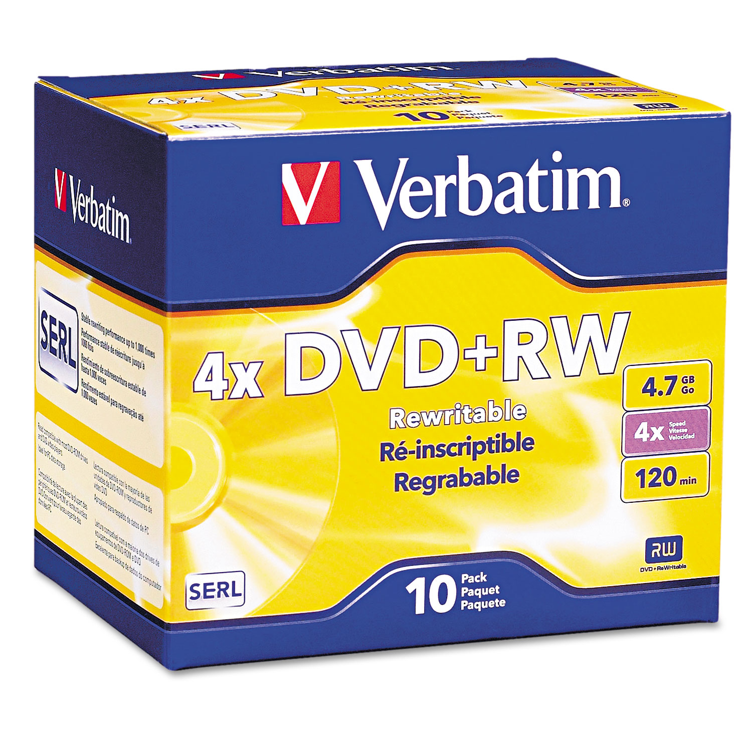 DVD+RW Rewritable Disc, 4.7 GB, 4x, Slim Jewel Case, Silver, 10/Pack