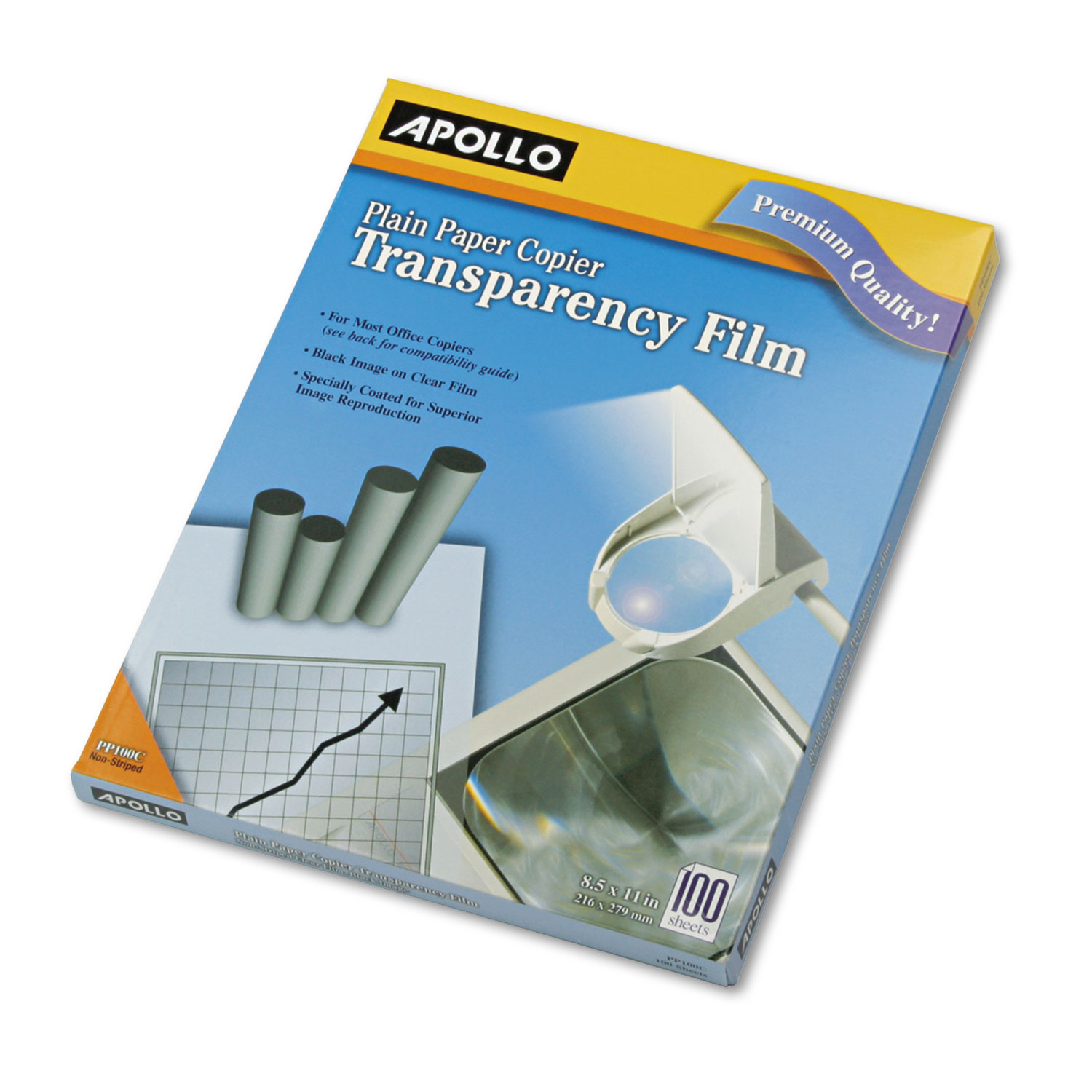 Apollo Plain Paper B-W Transparency Film, Letter, Clear, 100-box