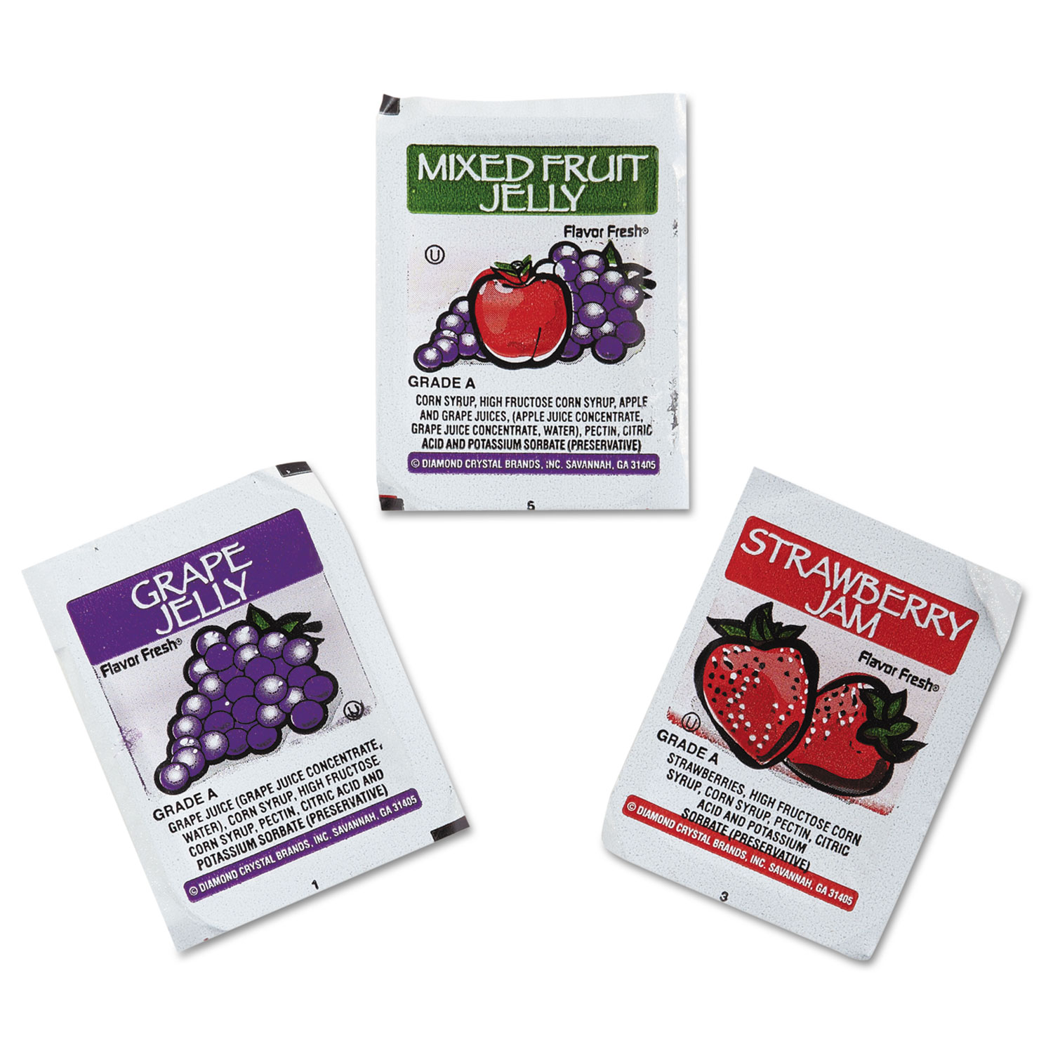 Flavor Fresh Jelly, Grape, Strawberry, Mixed Fruit Cup, 10 G Packets, 200/ carton