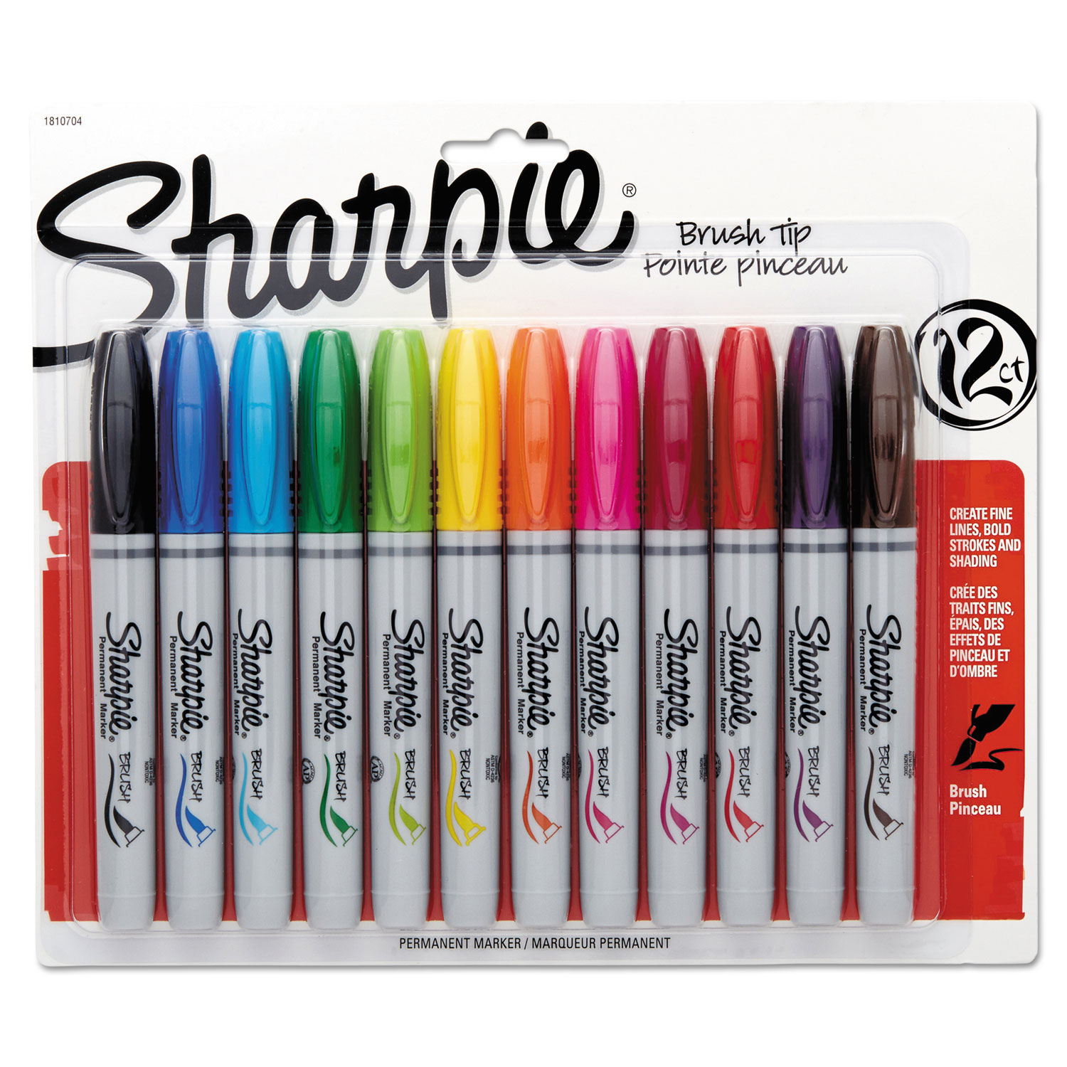 Sharpie Brush Tip Permanent Marker, Medium, Assorted Colors, 12/Set (SAN1810704)