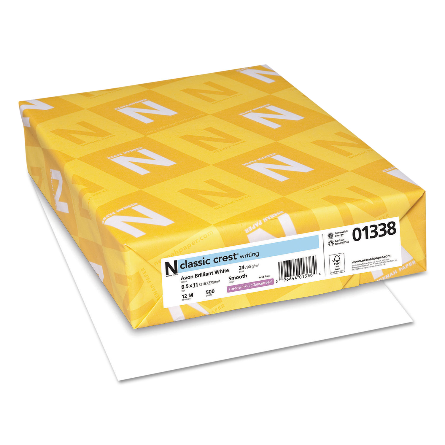 Neenah Paper Classic Crest Stationery, 93 Bright, 24 lb, 8.5 x 11, Avon White, 500/Ream