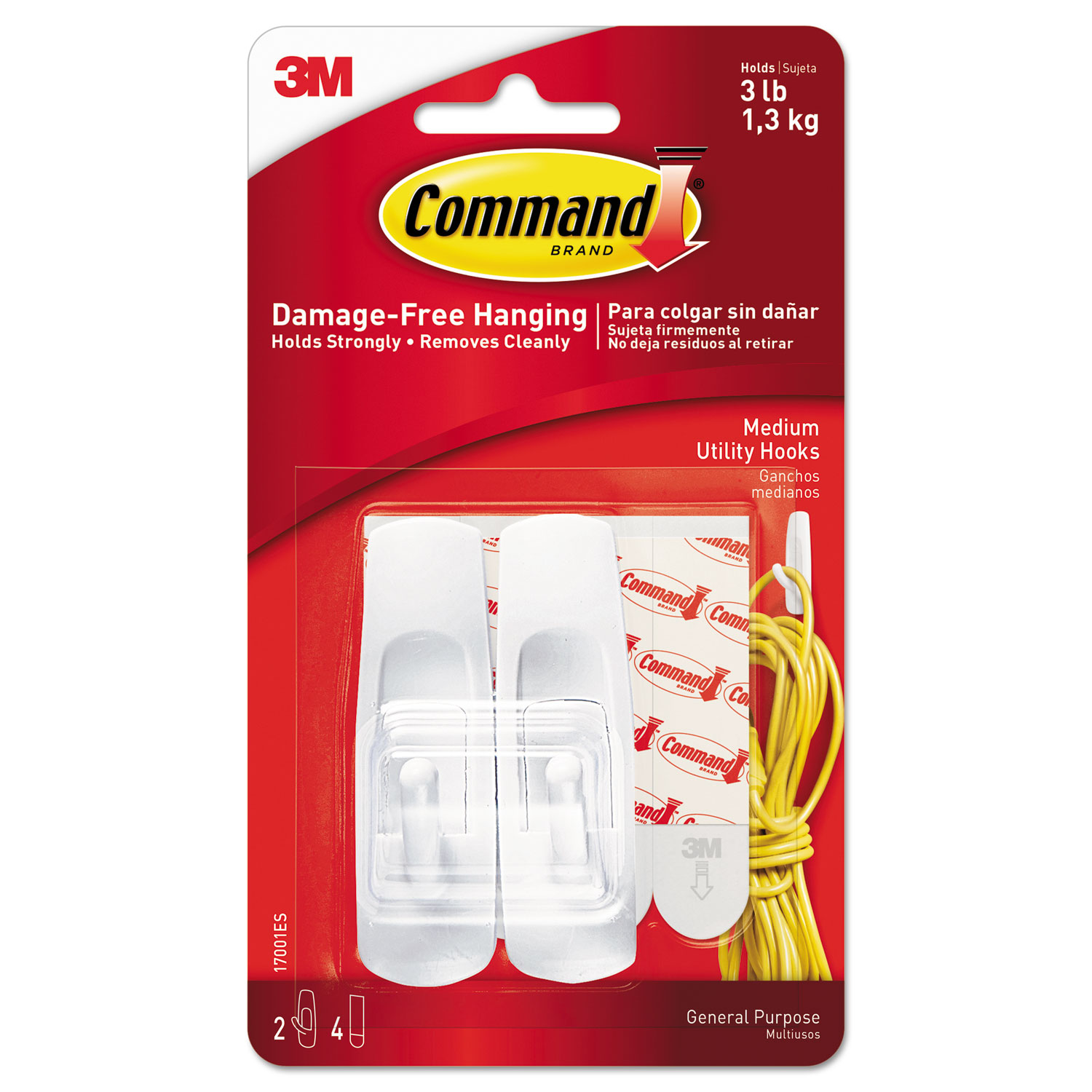 3M Command Adhesive Utility Hook, Medium, White - 2 pack