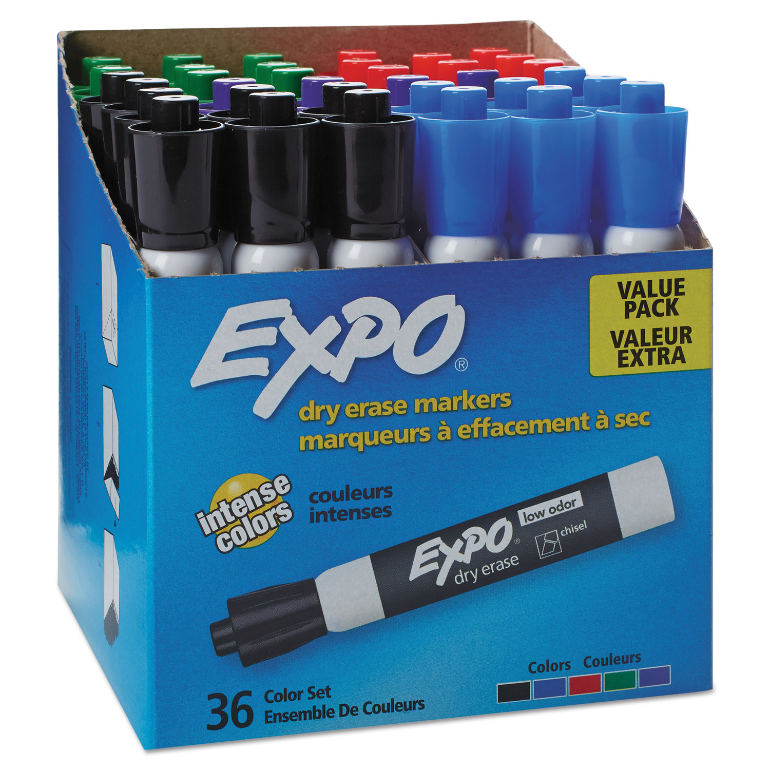 Expo Low-Odor Dry Erase Marker Office Pack, Extra-Fine Needle Tip, Assorted Colors, 36/Pack