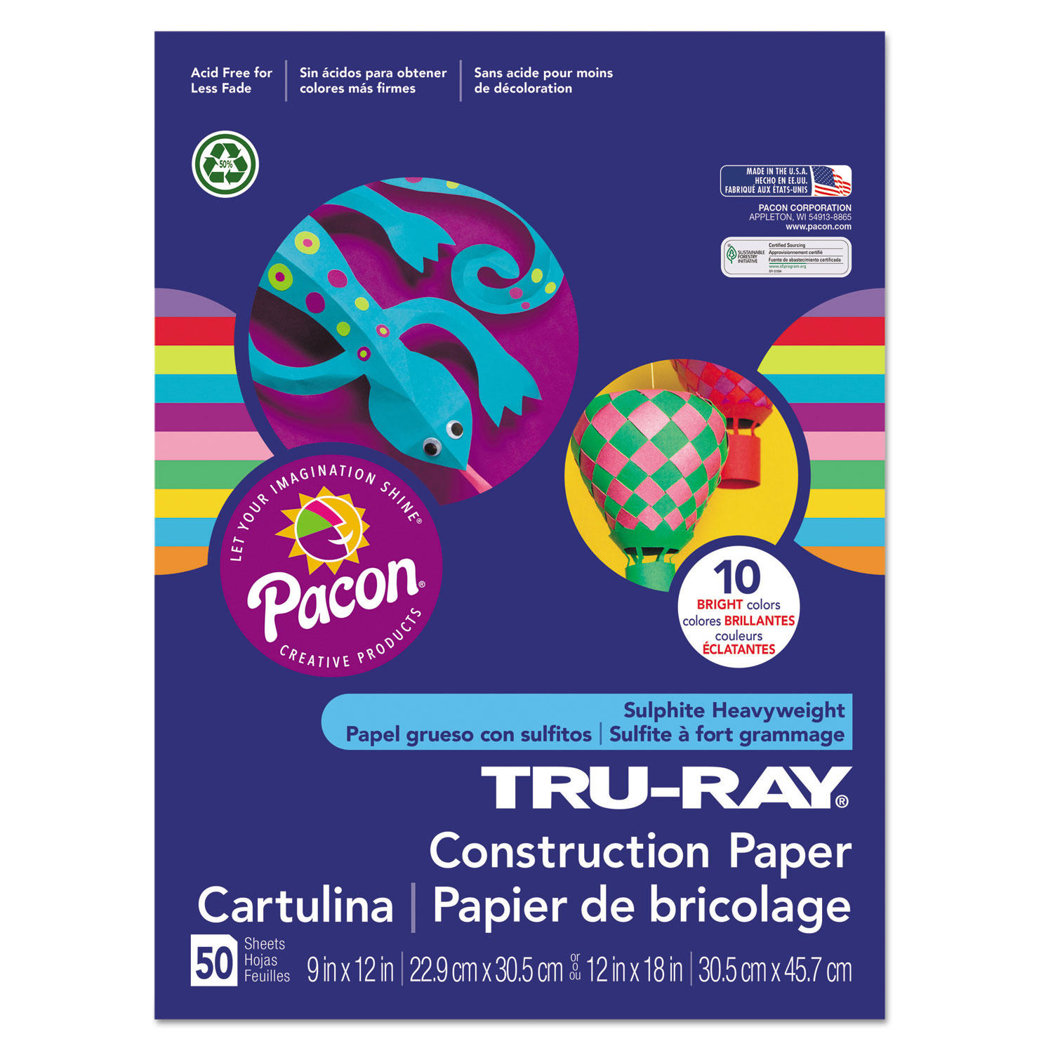 Pacon Tru-Ray Construction Paper, Assorted Colors, 9 x 12 - 50 count