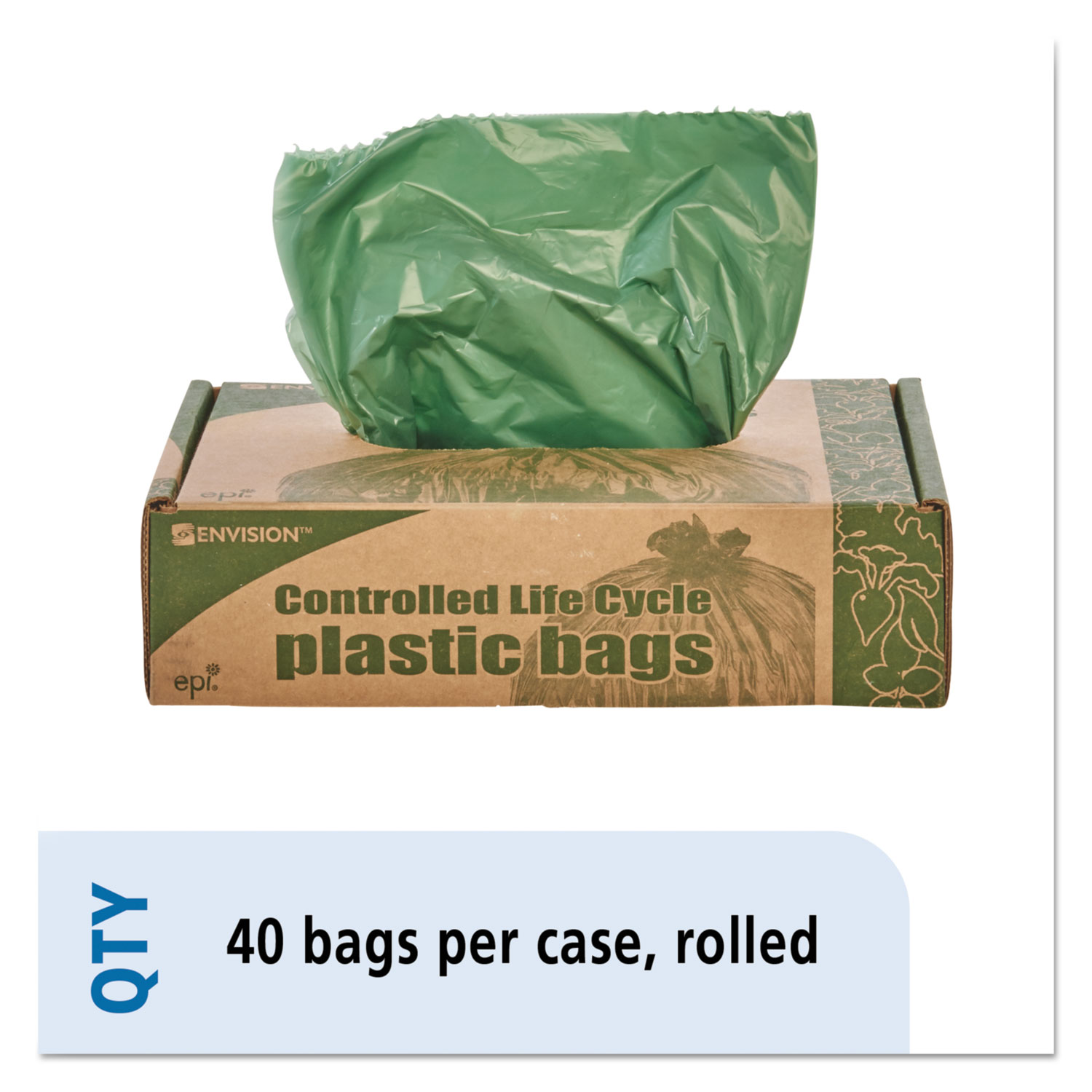 Controlled Life-Cycle Plastic Trash Bags, 33 gal, 1.1 mil, 33 x 40, Green,  40/Box - Supply Box