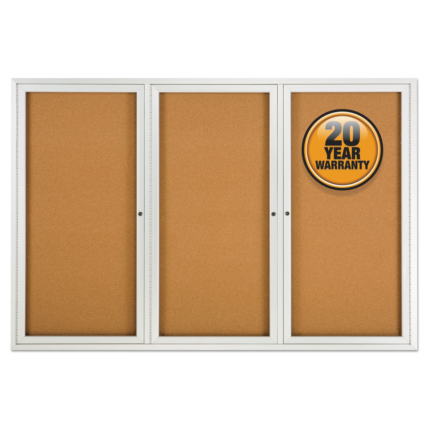 Enclosed Indoor Cork Bulletin Board with Three Hinged Doors, 72 x 36, Tan Surface, Silver Aluminum Frame Enclosed Indoor Cork Bulletin Board with Three Hinged Doors, 72 x 36, Tan Surface, Silver Aluminum Frame